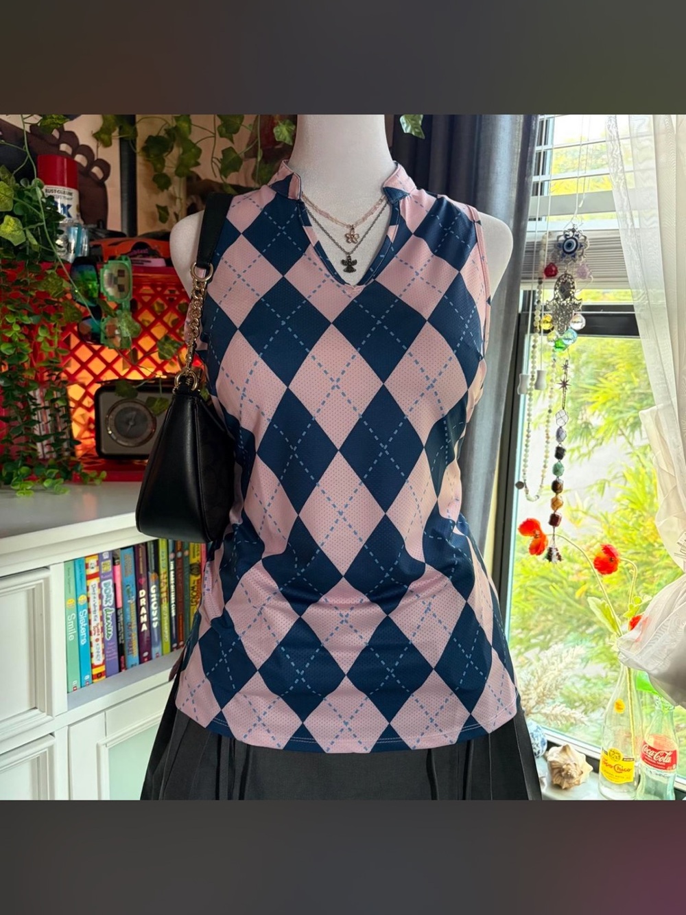 Soneven Pink and Navy Argyle Golf Top